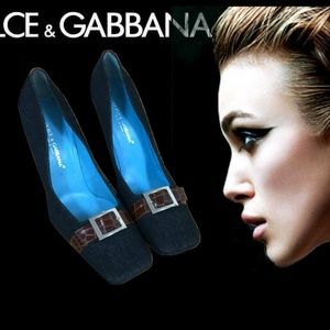 Blue Denim Tan Leather Buckle Stiletto Heels Sz 41